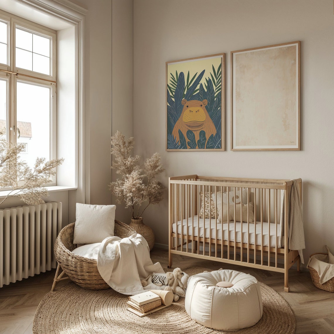 Smiling Hippo Peeking From Navy Jungle Leaves Nursery Poster - Image 2