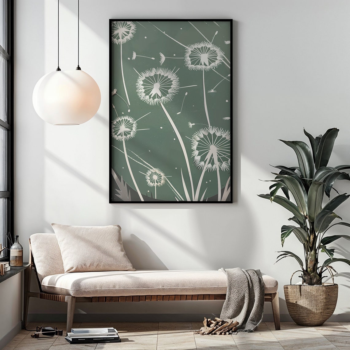 White Dandelion Silhouette Sage Green Botanical Wall Art Poster