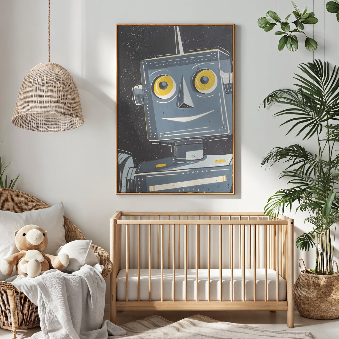 Smiling Blue Robot Starry Night Kids Space Room Wall Art Poster - Image 2
