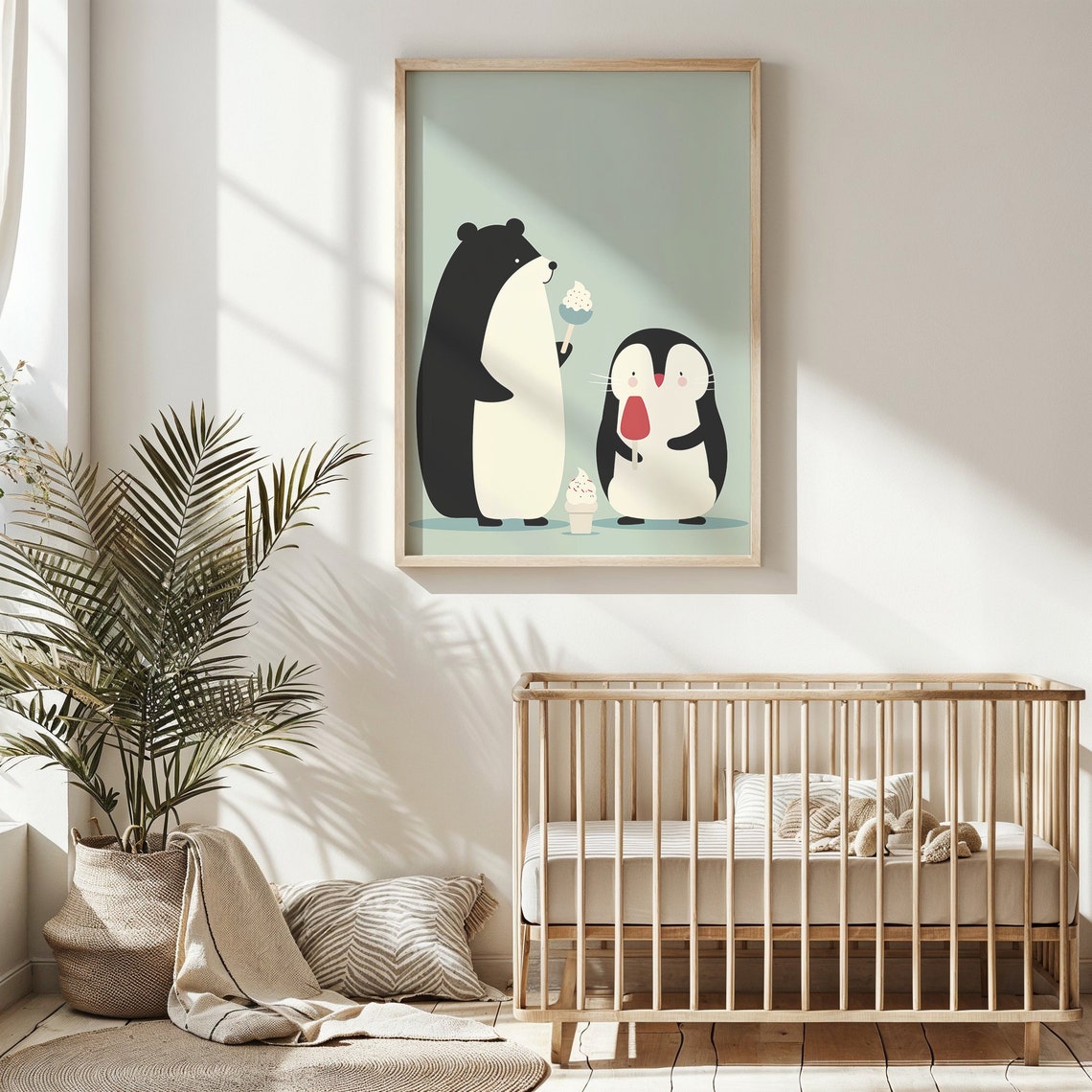 Black Bear Penguin Ice Cream Treats Mint Background Kids Art Poster
