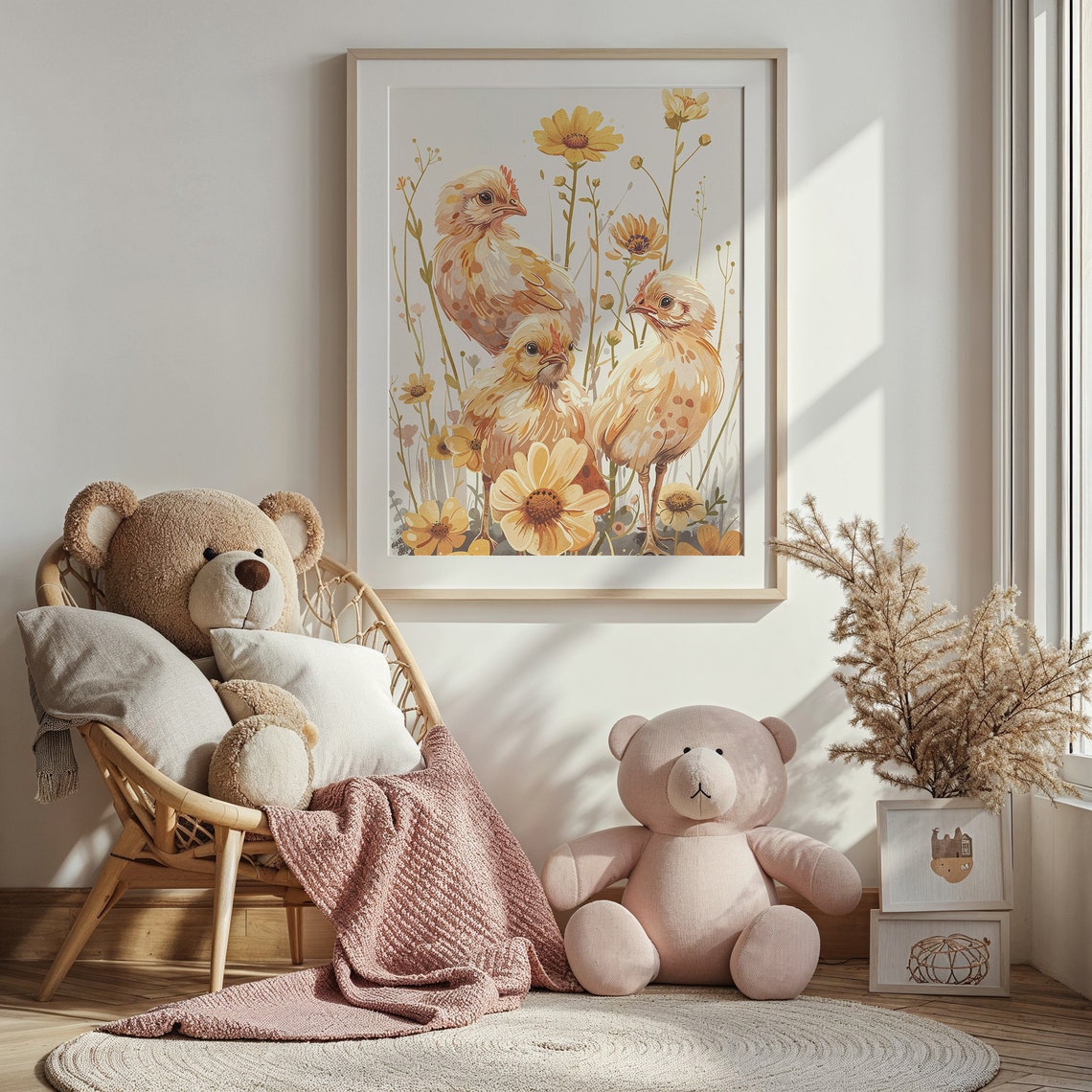 Three Baby Chicks Yellow Daisy Garden Watercolor Spring Nursery Poster - Image 3