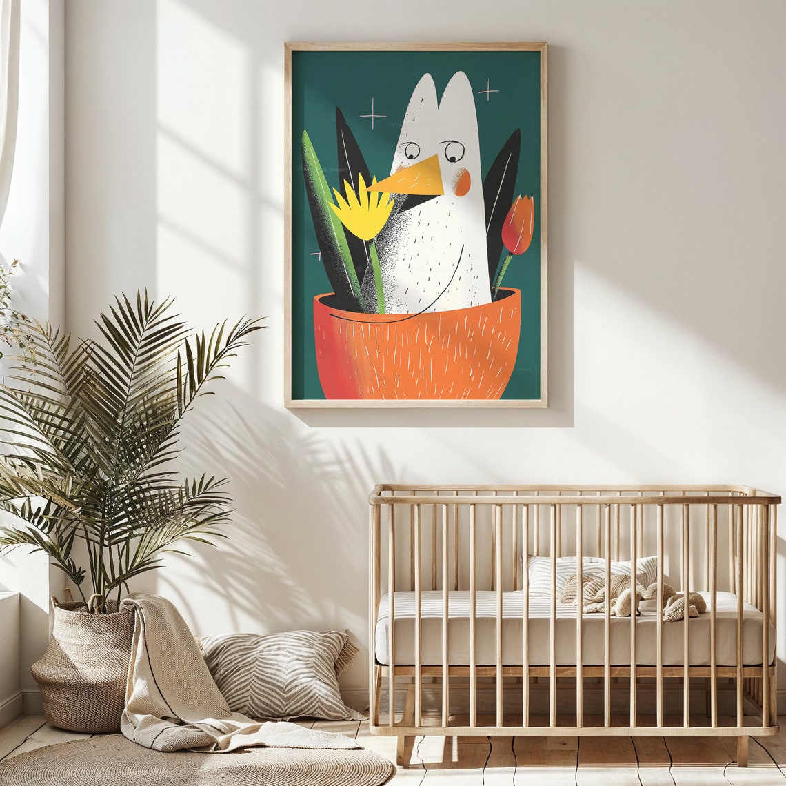 Quirky Chicken Flower Pot Tulips Bold Cartoon Kids Room Poster - Image 3