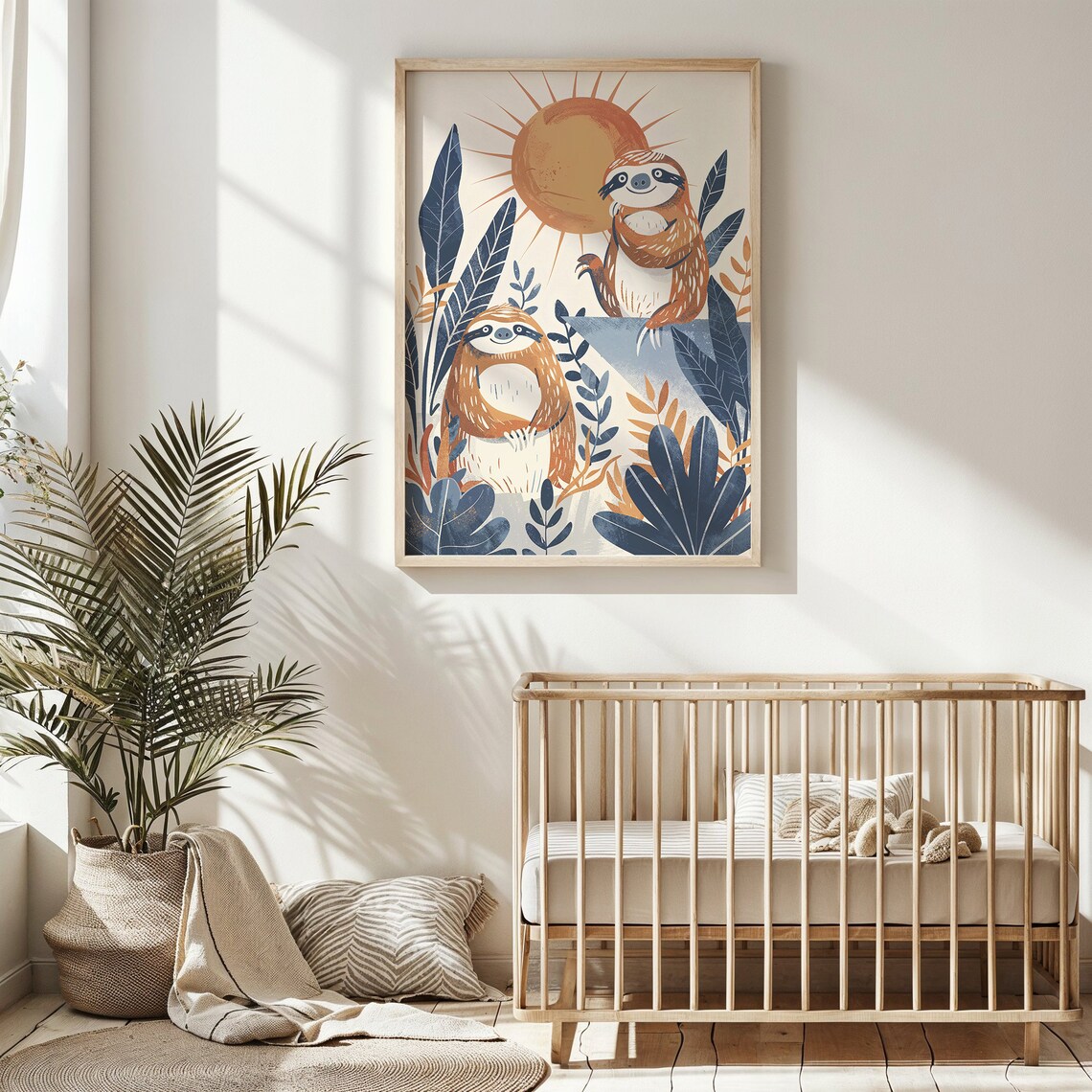 Two Sloths Sun Nursery Poster Jungle Foliage Playful Kids Room Art