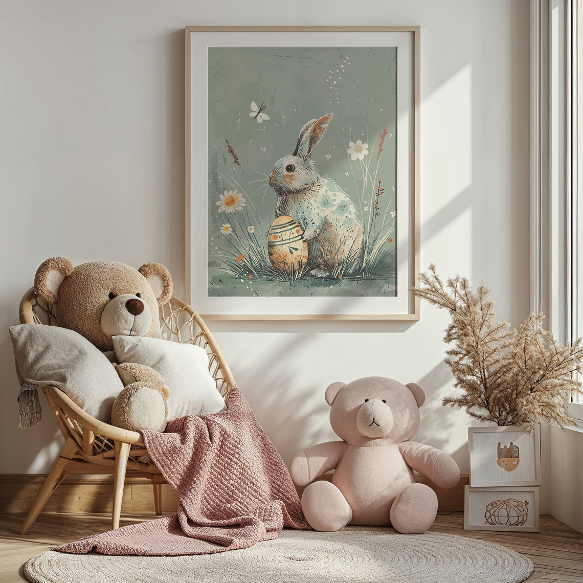 Gray Bunny Holding Painted Easter Egg With Daisies Vintage Art Print - Image 3