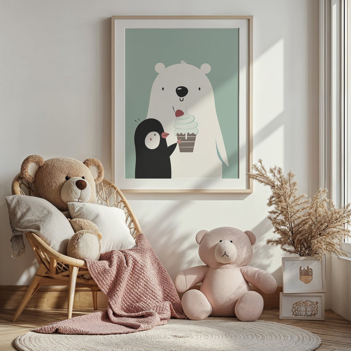 Polar Bear Penguin Sharing Ice Cream Mint Background Kids Poster
