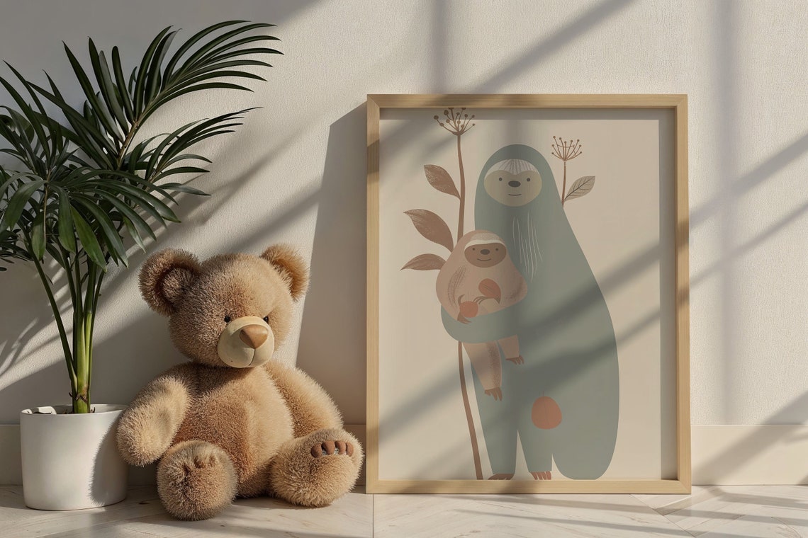 Mother And Baby Sloth Minimalist Neutral Tones Nursery Wall Art Poster - Image 6