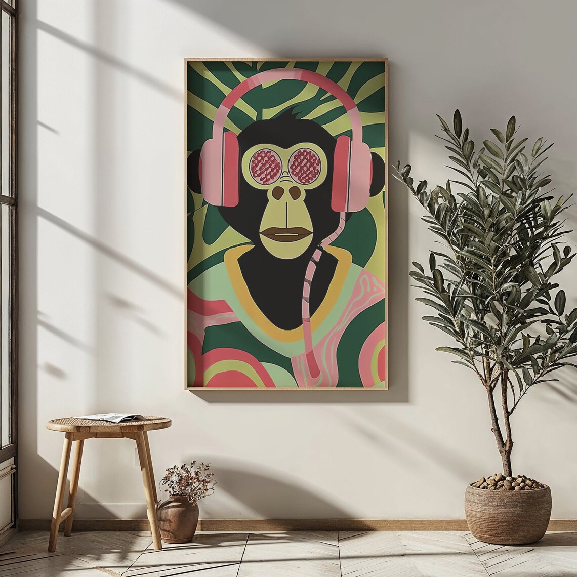 Cool Monkey Wearing Pink Headphones Psychedelic Jungle Music Art Print - Image 3