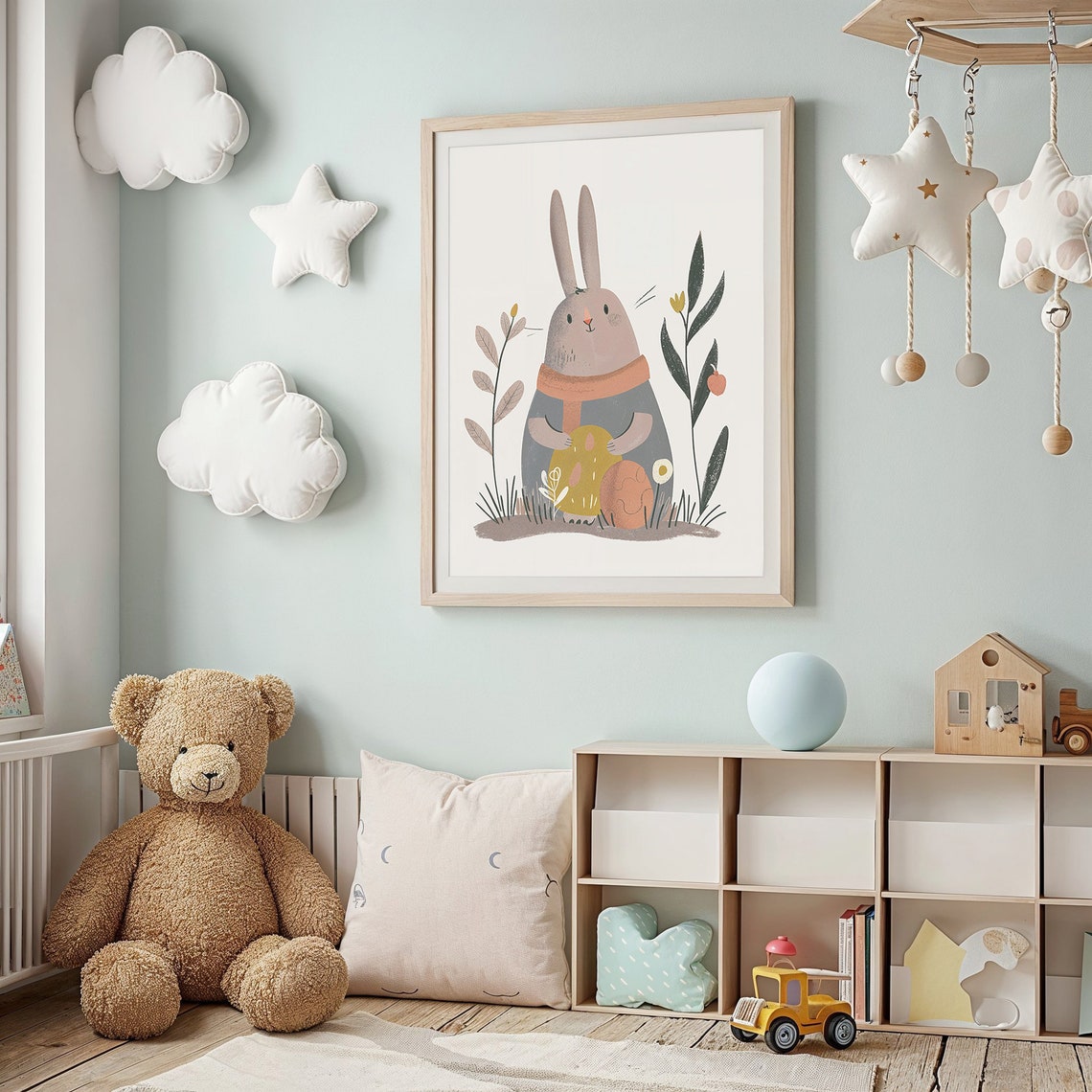 Gray Bunny in Orange Scarf Holding Easter Egg Minimal Kids Poster - Image 2