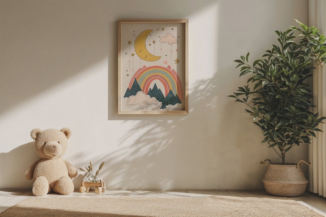 Pastel Rainbow Crescent Moon Mountain Scene Stars Nursery Poster - Image 6
