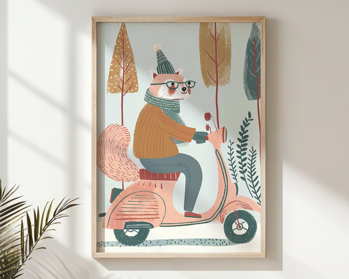 Fox Riding Pink Scooter Nursery Poster Glasses Hat Playful Kids Art - Image 5