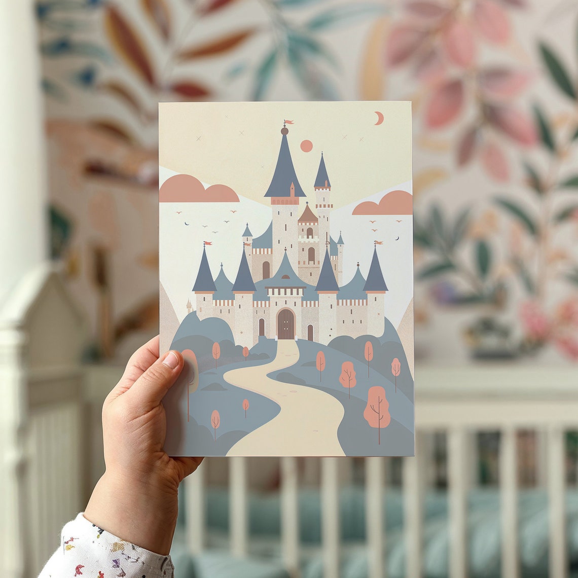 Enchanted Castle On Hill Pink Trees Winding Path Neutral Kids Poster - Image 2