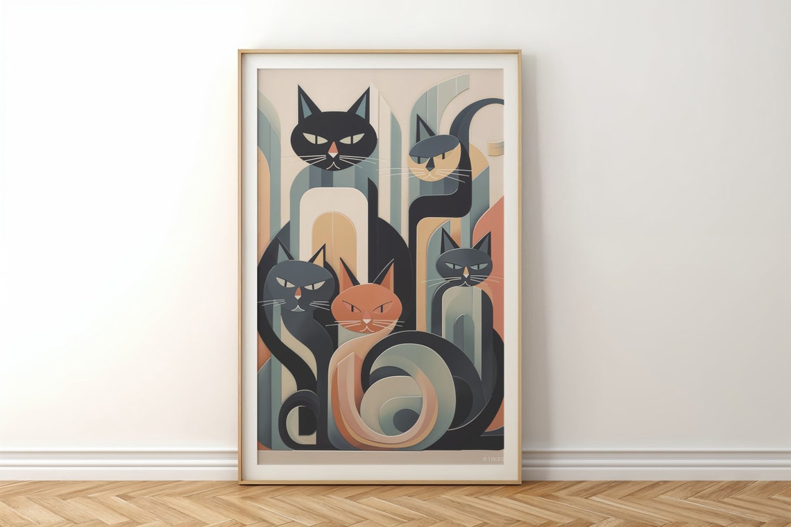 Modern Art Deco Cats Geometric Black And Peach Elegant Art Print - Image 4