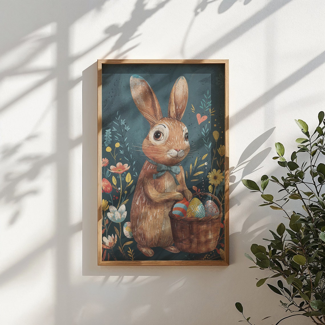 Brown Bunny Bow Tie Egg Basket Vintage Floral Easter Kids Poster - Image 5