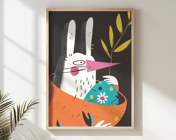 Quirky Bunny Peeking Orange Basket Blue Egg Bold Graphic Kids Room Poster