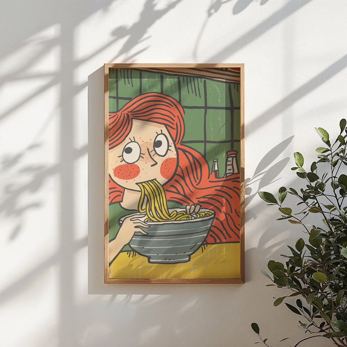 Red Hair Girl Eating Noodles Ramen Cartoon Kitchen Wall Art Poster - Image 4