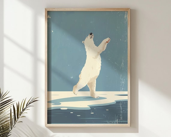 Joyful Polar Bear Reaching Up Ice Floe Blue Sky Arctic Art Poster