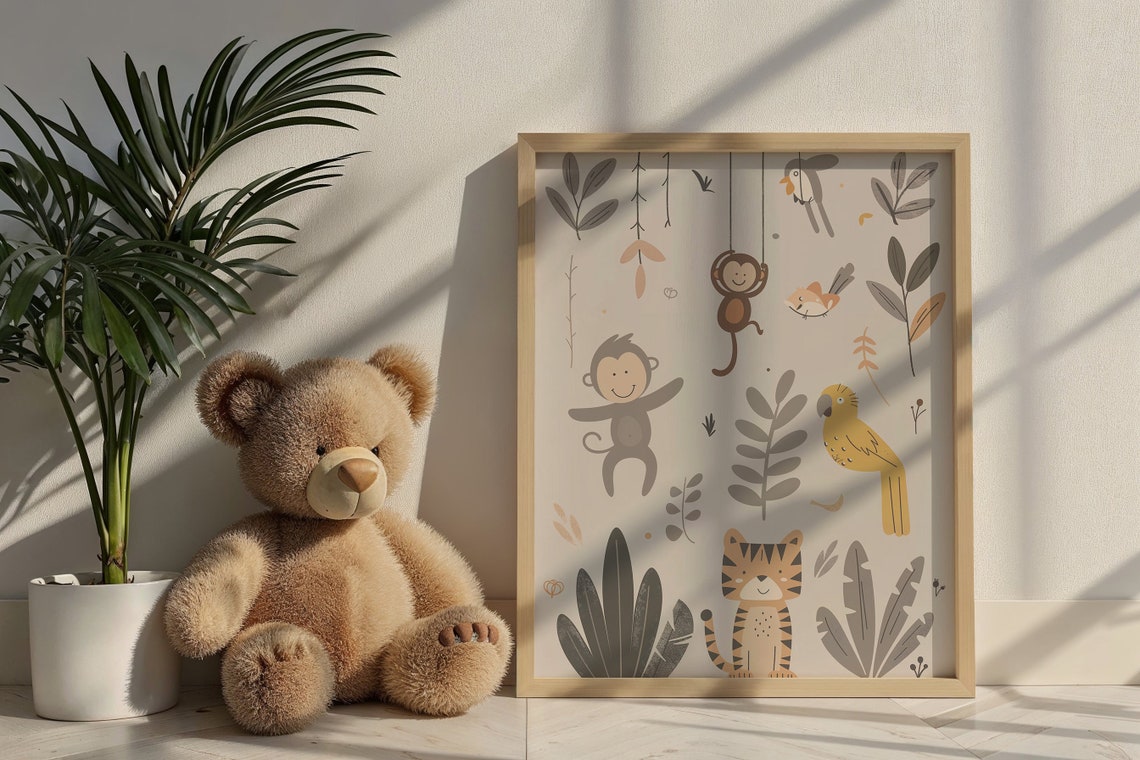 Jungle Animals Nursery Poster Monkeys Parrot Tiger Botanical Kids Art - Image 5