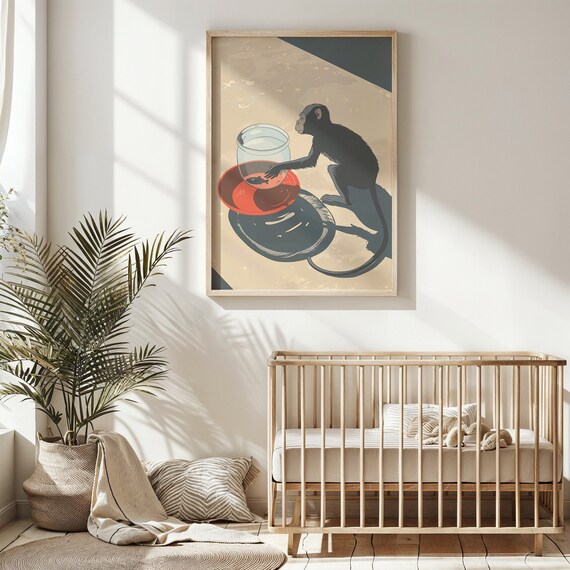 Curious Monkey Reaching Fishbowl Playful Shadow Retro Nursery Poster