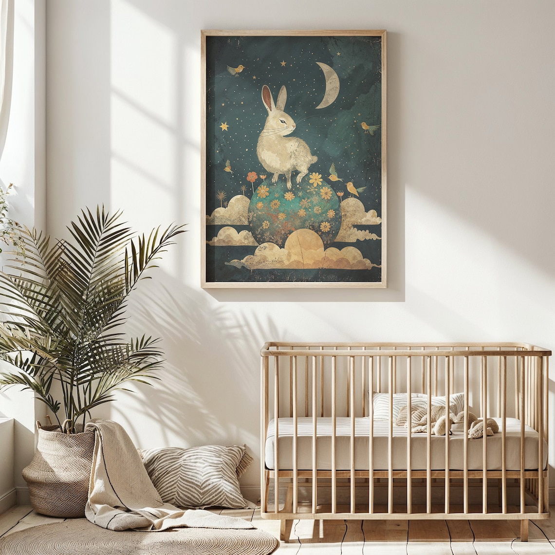 Moonlit Bunny Birds Nursery Art Print, Celestial Rabbit - Image 4