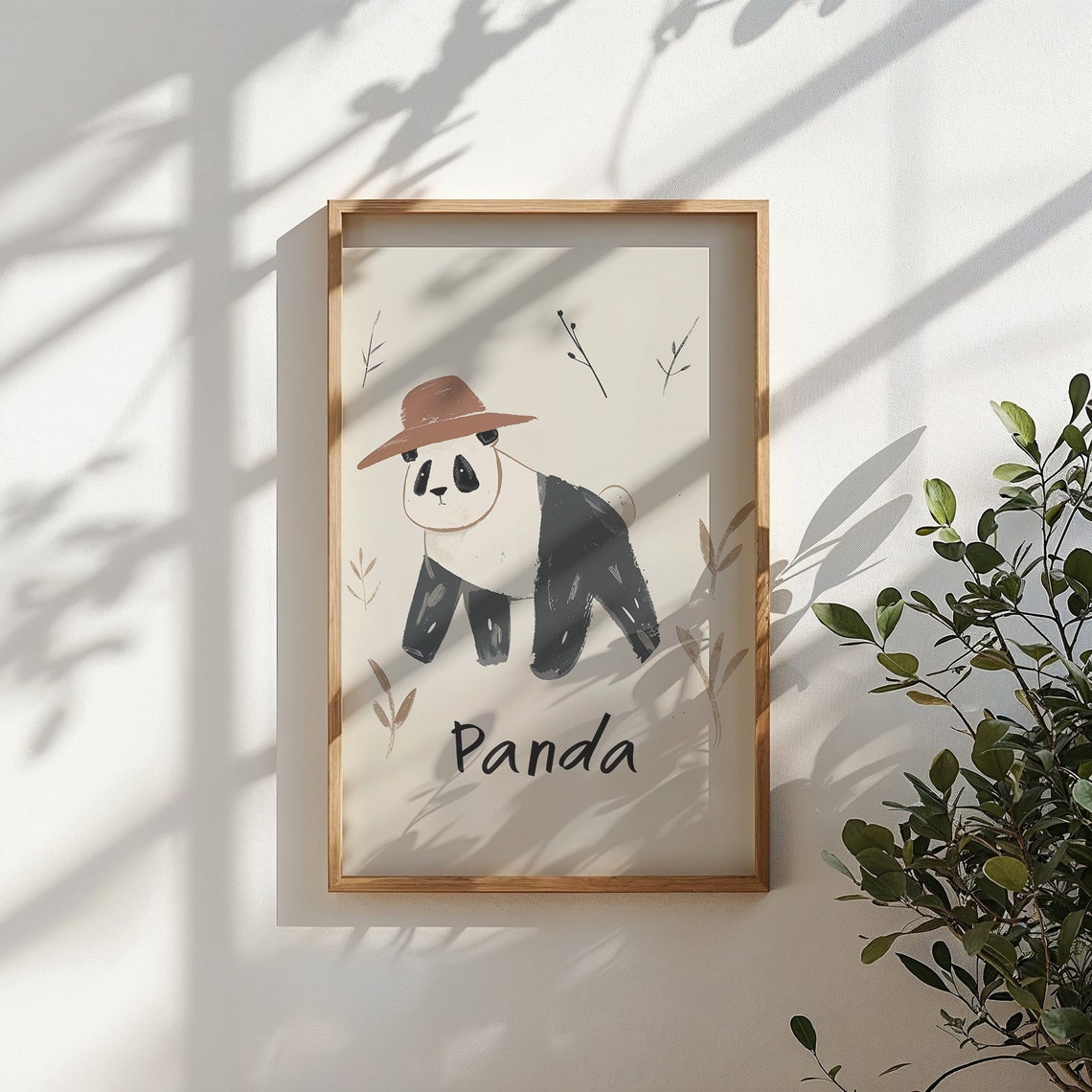 Panda Wearing Brown Hat Neutral Botanical Nursery Kids Room Art Poster - Image 4