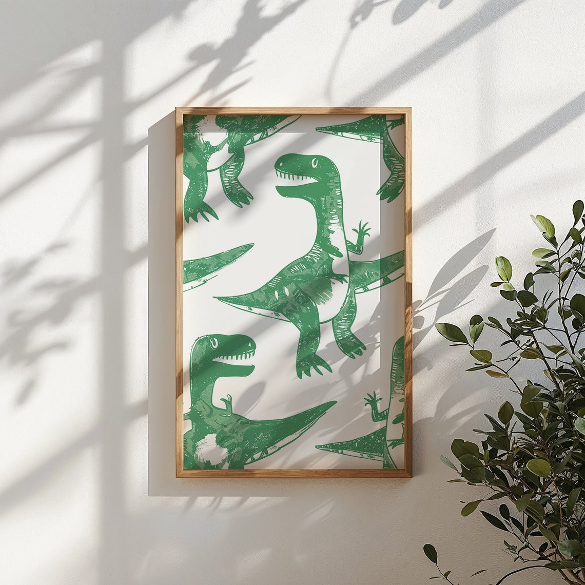 Bright Green Raptor Linocut Pattern White Nursery Kids Room Art Poster - Image 4