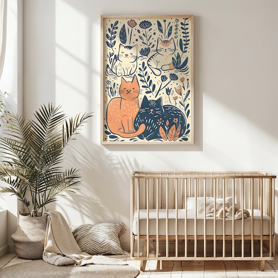 Four Cats Botanical Floral Illustration Whimsical Kids Room Wall Art Poster