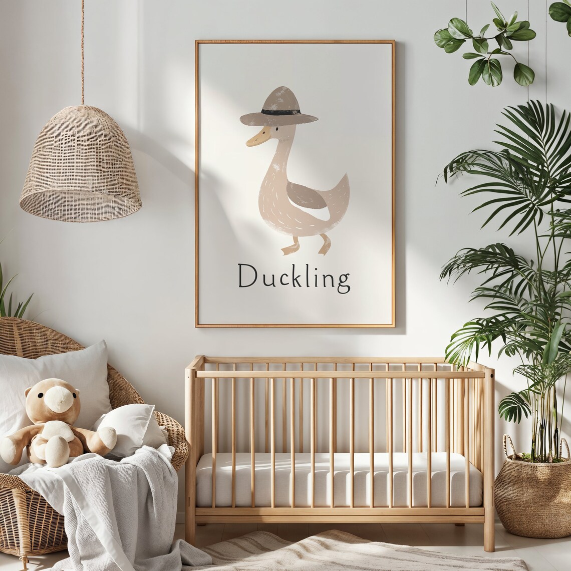 Duckling Wearing Brown Hat Neutral Tones Nursery Kids Room Art Poster - Image 3