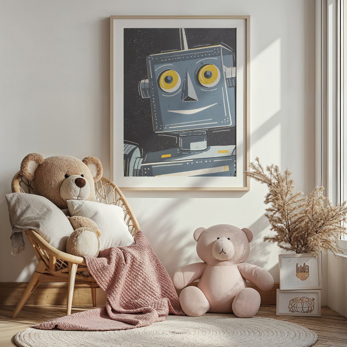 Smiling Blue Robot Starry Night Kids Space Room Wall Art Poster - Image 3