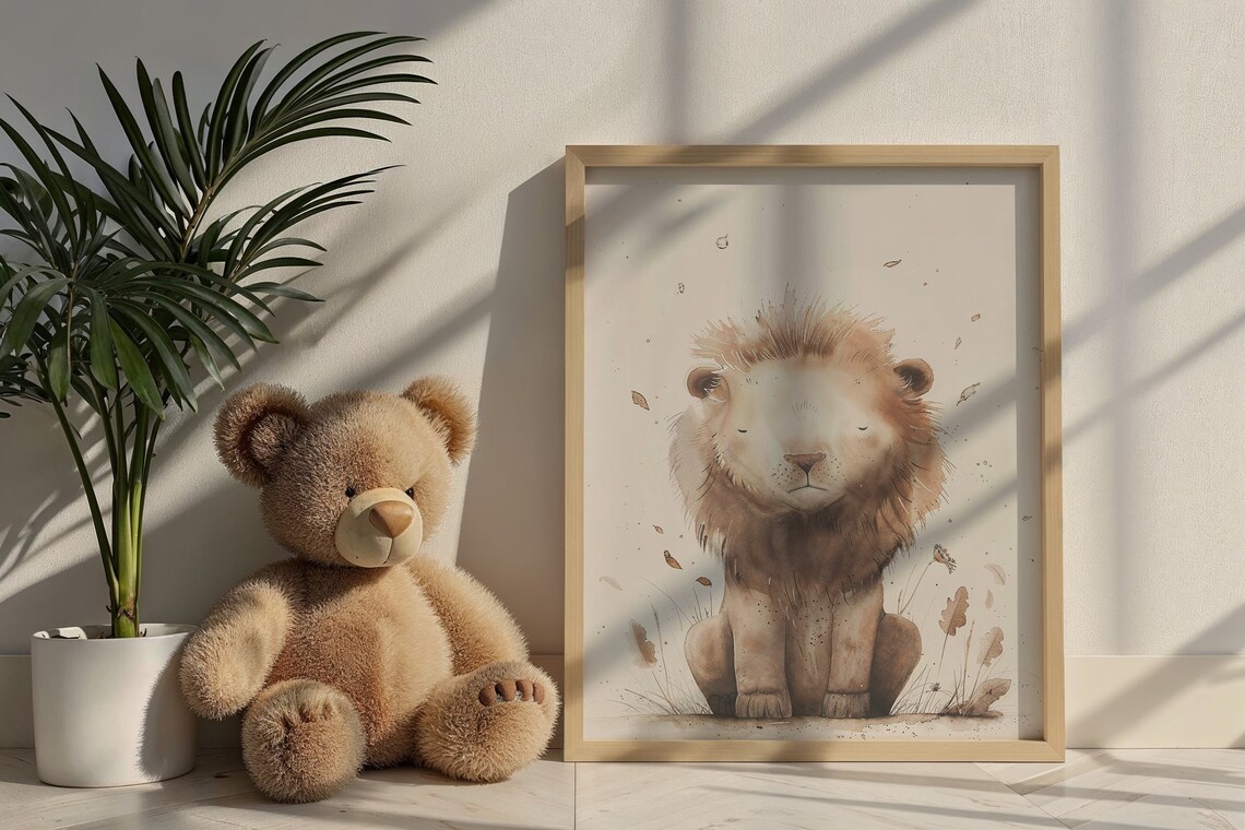 Baby Lion Cub Watercolor Neutral Beige Nursery Safari Animal Poster - Image 6
