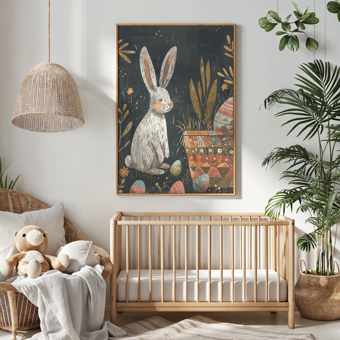 White Bunny Patterned Egg Pot Golden Garden Dark Nursery Poster - Image 2