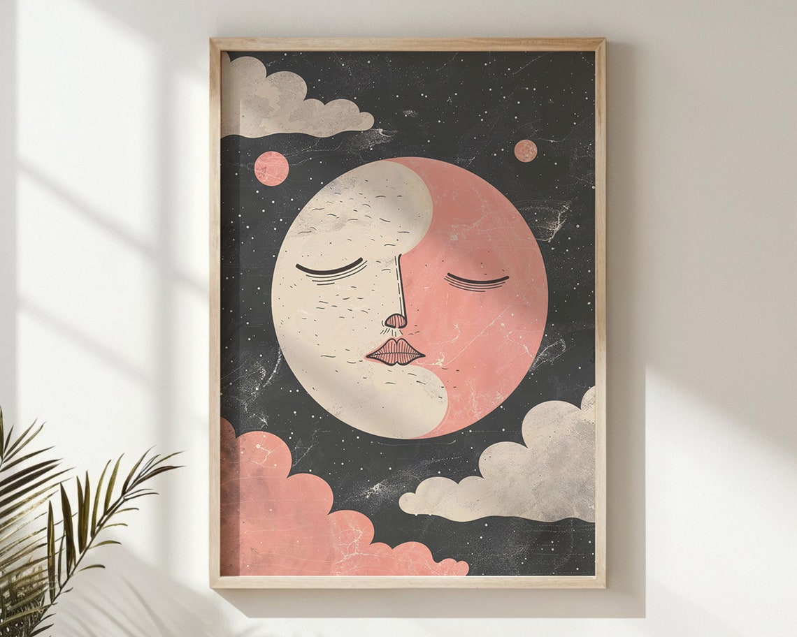 Abstract Split Moon Face Pink Cream Cosmic Starry Night Sky Poster