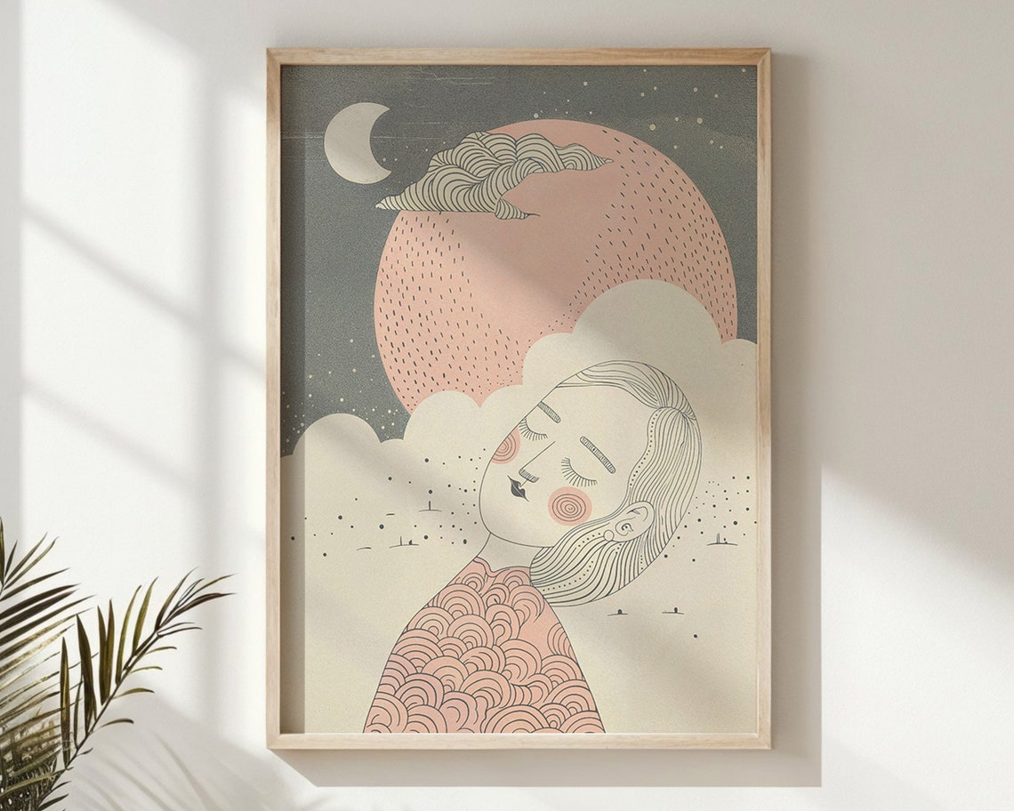Dreamy Girl Sleeping Under Pink Moon Celestial Night Sky Art Poster