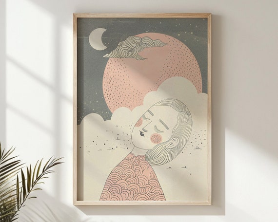 Dreamy Moon And Girl Illustration Nursery Wall Art Kids Room Poster Whimsical Night Sky Print Decor Gift Artwork