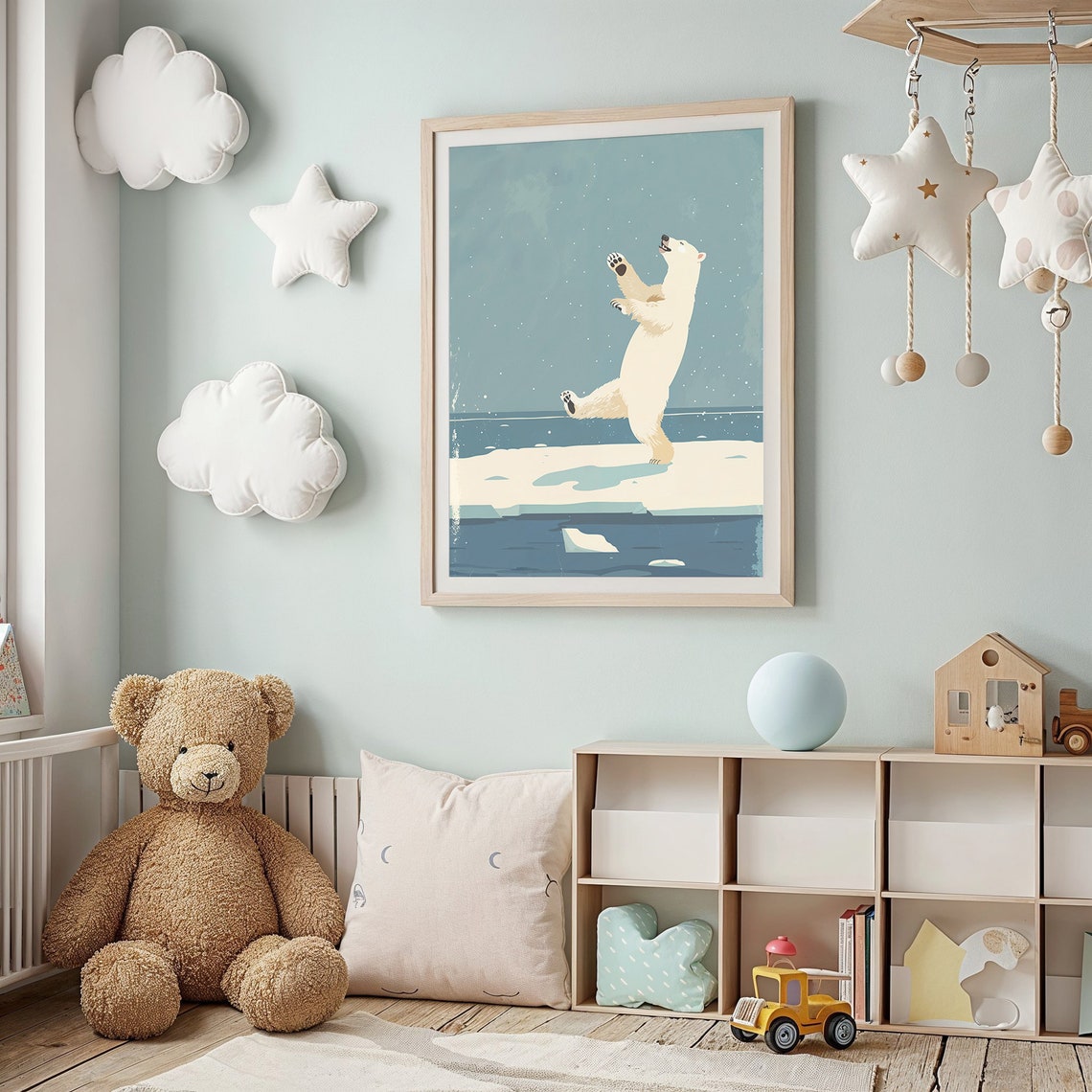 Happy Polar Bear Dancing Ice Floe Night Snow Arctic Wall Poster - Image 2