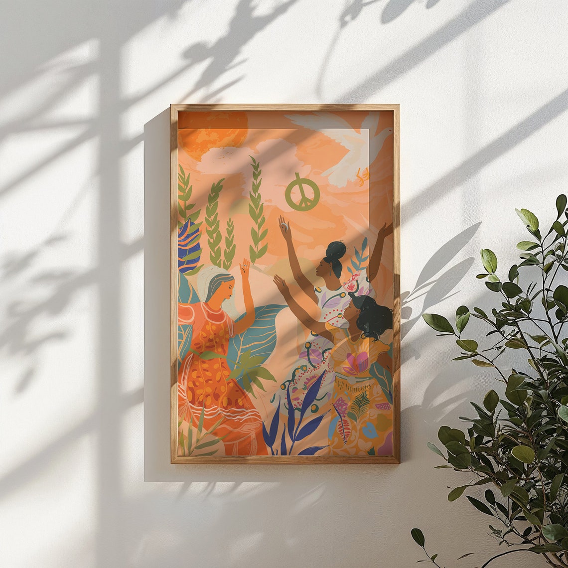 Peace Harmony Diverse Women Dove Peach Sky Unity Wall Art Poster - Image 3