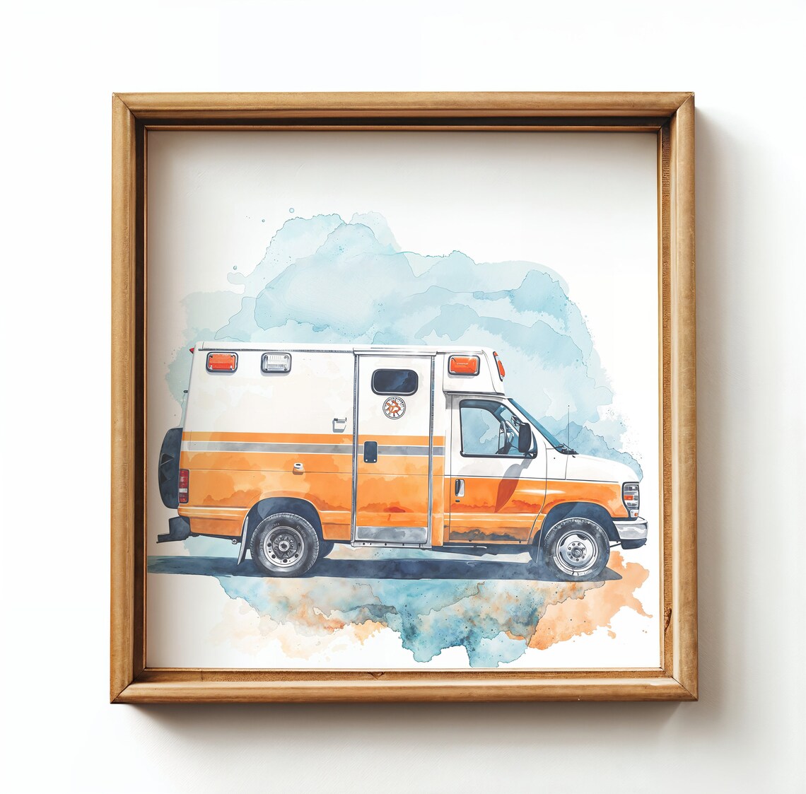 Orange Watercolor Ambulance Van Splash Art Kids Room Wall Poster - Image 3