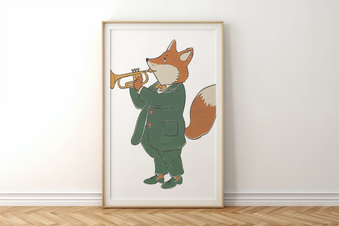 Fox Playing Gold Trumpet Green Suit Bow Tie Kids Music Wall Poster - Image 5