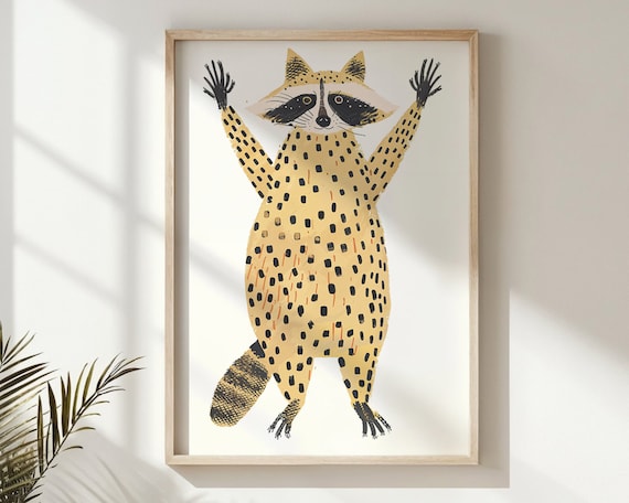 Playful Raccoon Arms Up Spotted Tan Kids Room Animal Wall Poster