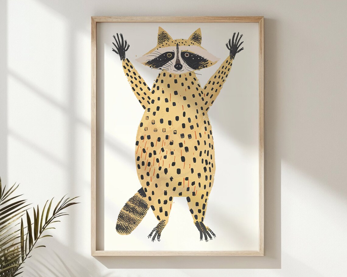 Playful Raccoon Arms Up Spotted Tan Kids Room Animal Wall Poster