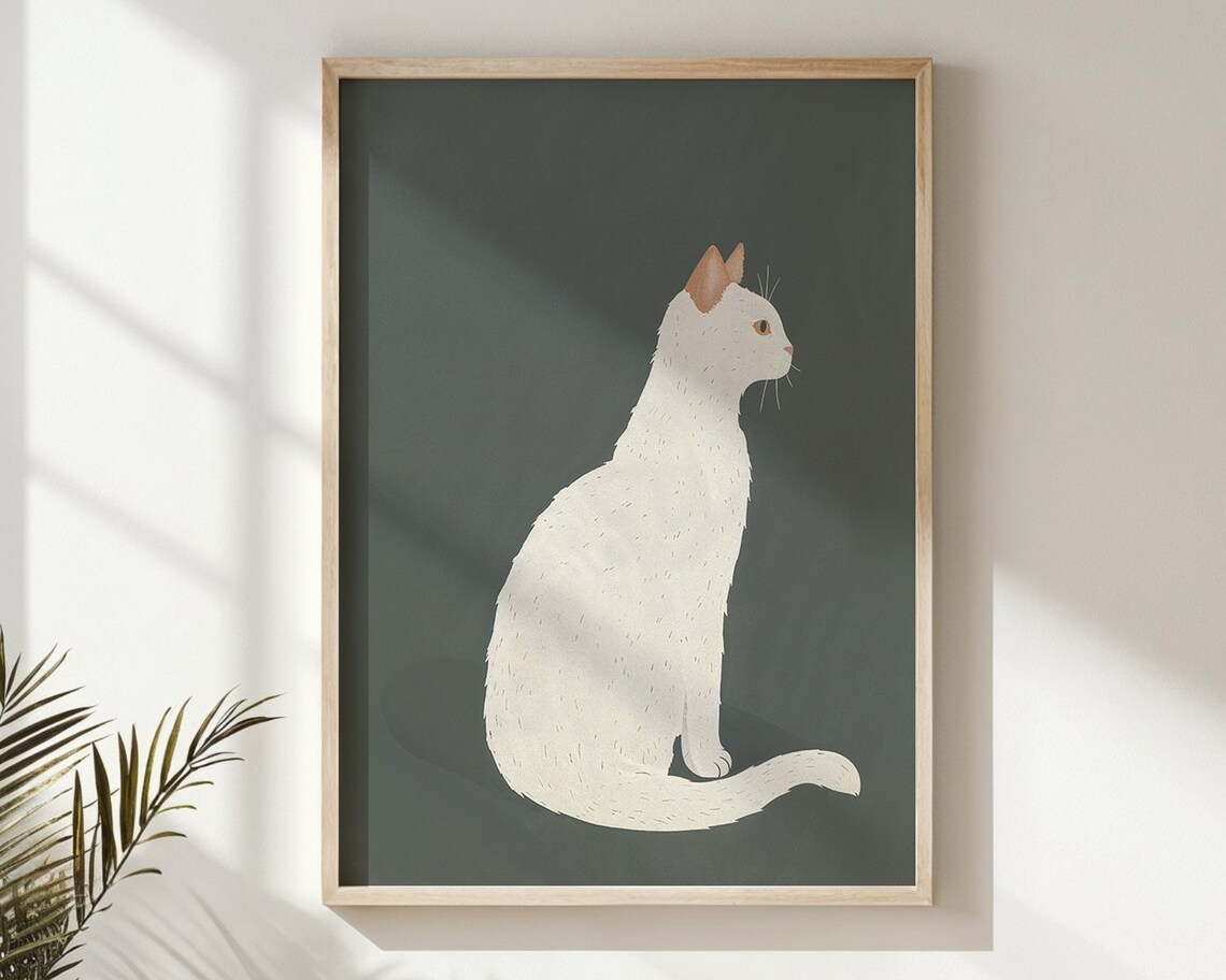 White Cat Nursery Art Print, Neutral Animal Illustration