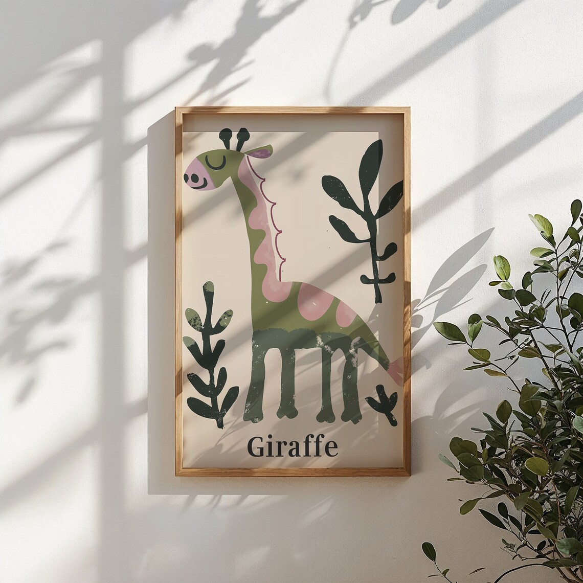 Smiling Green Giraffe Pink Patches Jungle Leaves Kids Wall Poster - Image 4