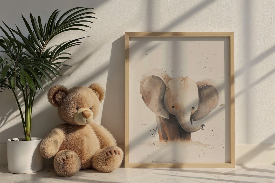 Baby Elephant Watercolor Soft Beige Safari Nursery Wall Decor Poster - Image 6