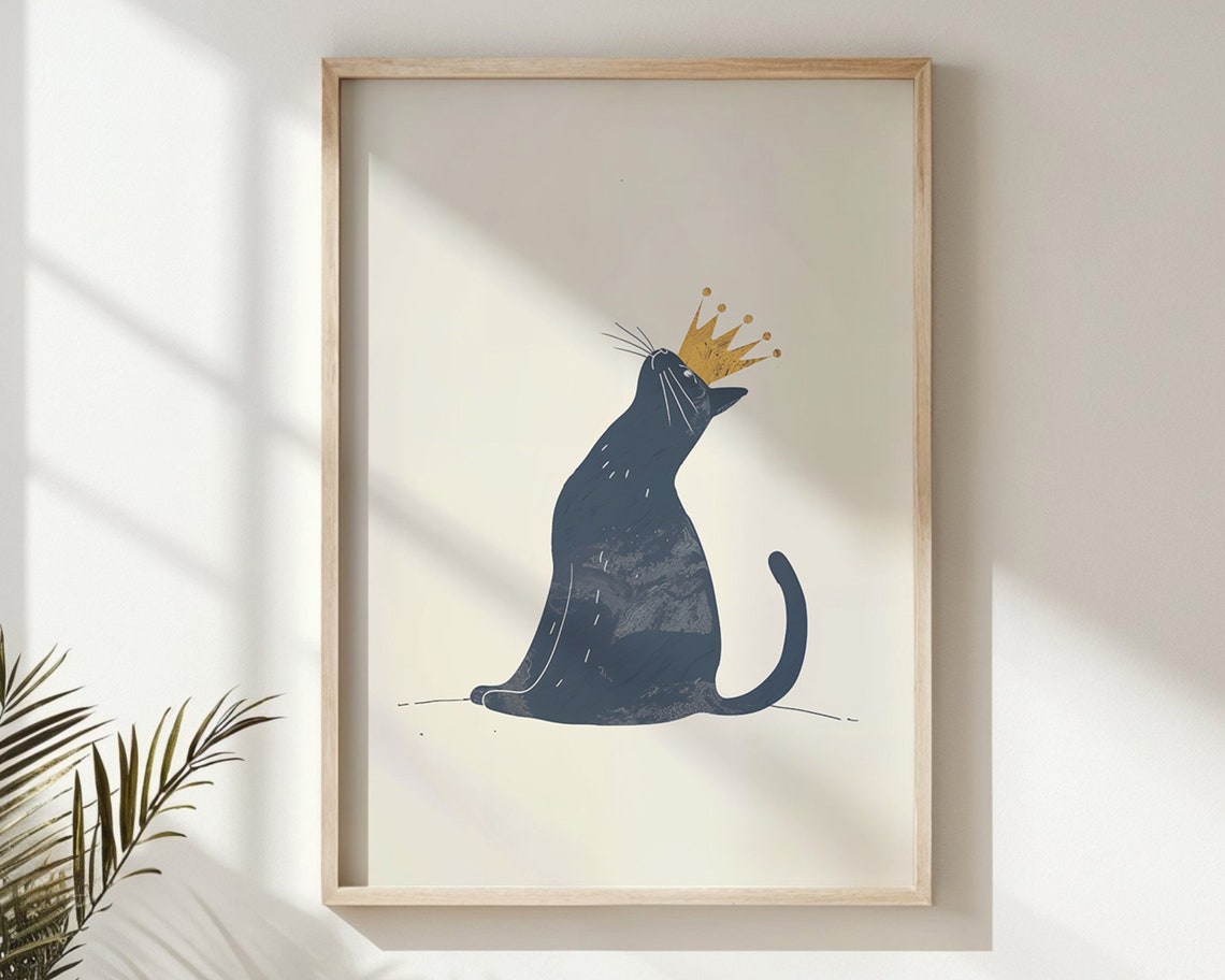 Navy Blue Cat Gold Crown Minimalist Cream Nursery Animal Wall Poster - Image 5