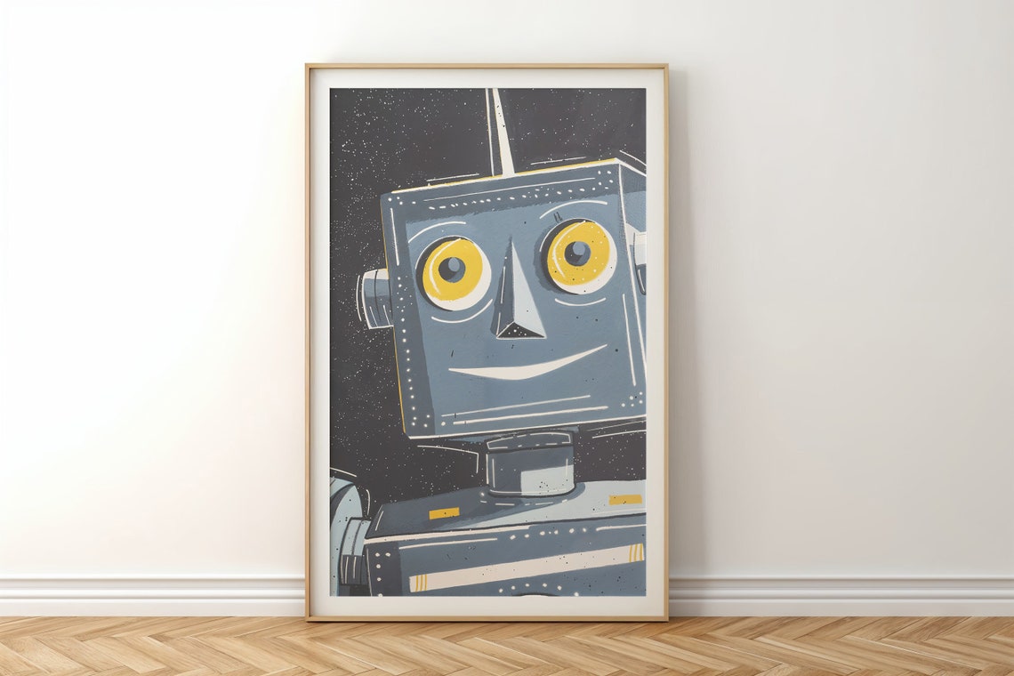 Smiling Blue Robot Starry Night Kids Space Room Wall Art Poster - Image 5