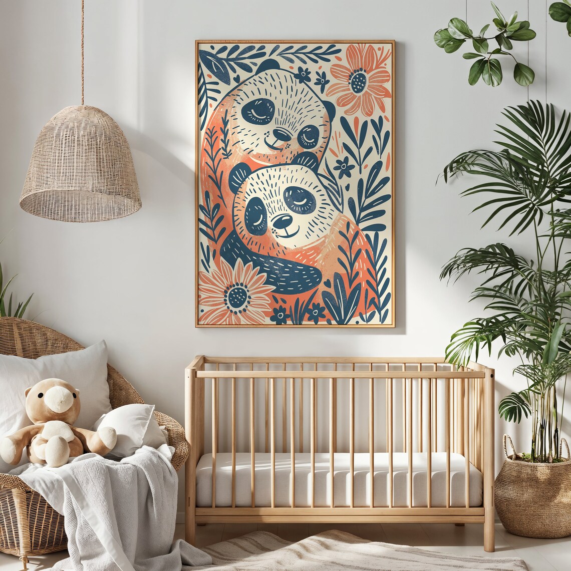 Two Pandas Floral Botanical Illustration Orange Navy Kids Wall Art Poster - Image 2