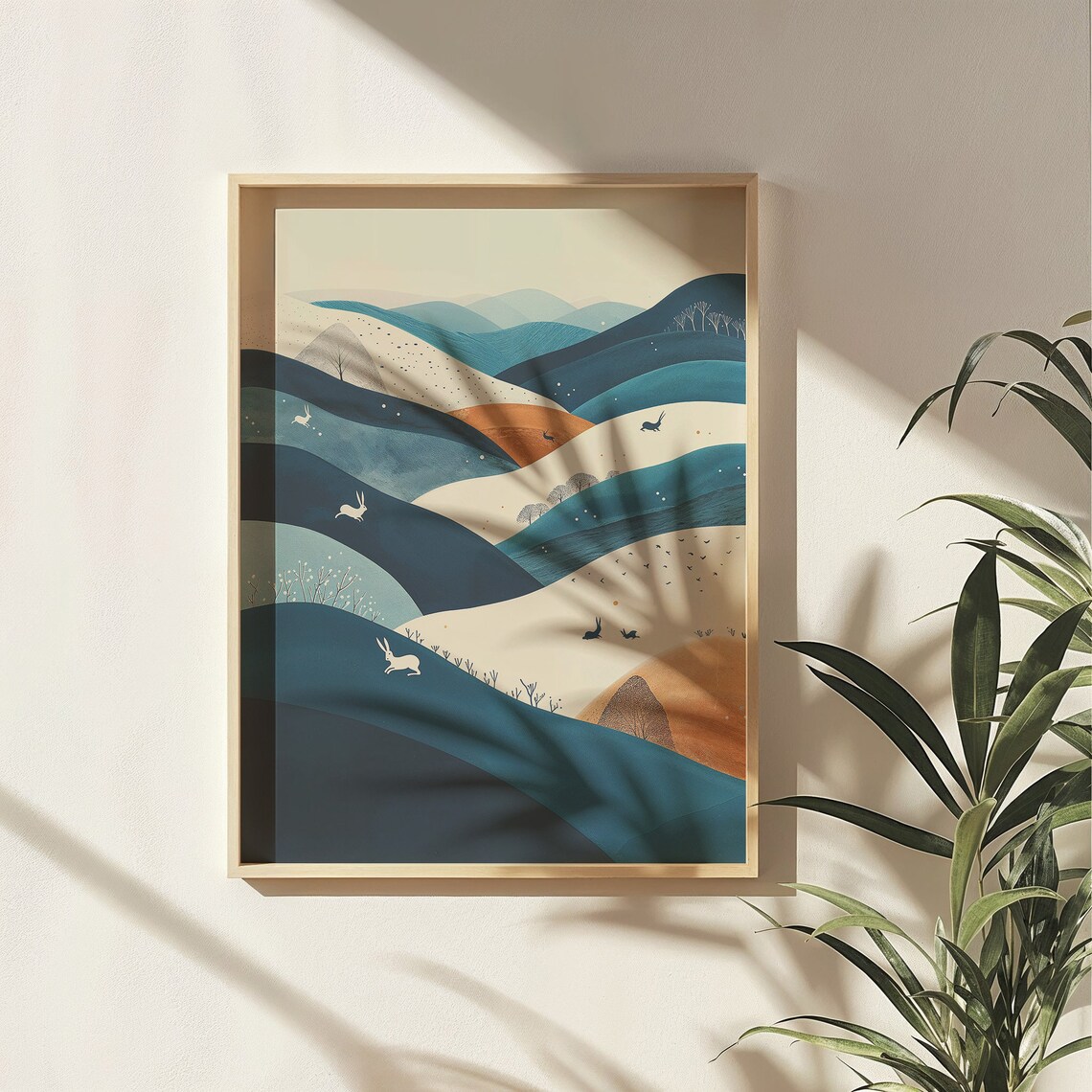 Abstract Rolling Hills Hares Birds Teal Beige Nursery Poster - Image 5