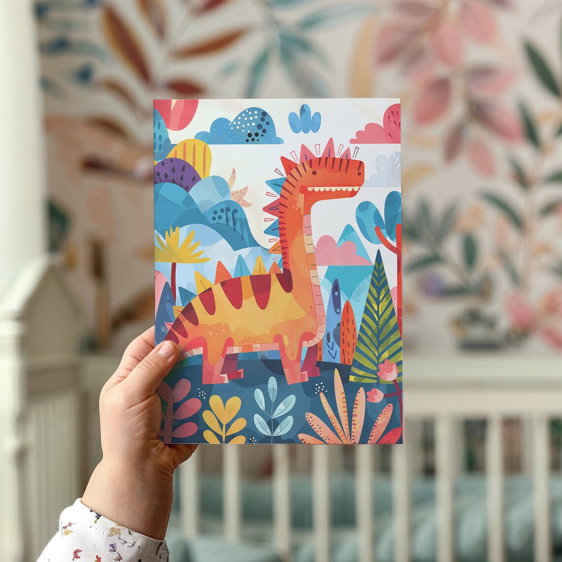 Cute Orange Spotted Dinosaur Jungle Scene Kids Room Nursery Poster - Image 2