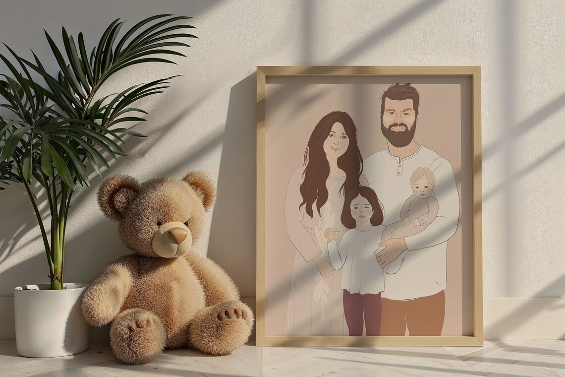 Family Of Four Line Art Portrait Mom Dad Baby Daughter Beige Wall Art - Image 6