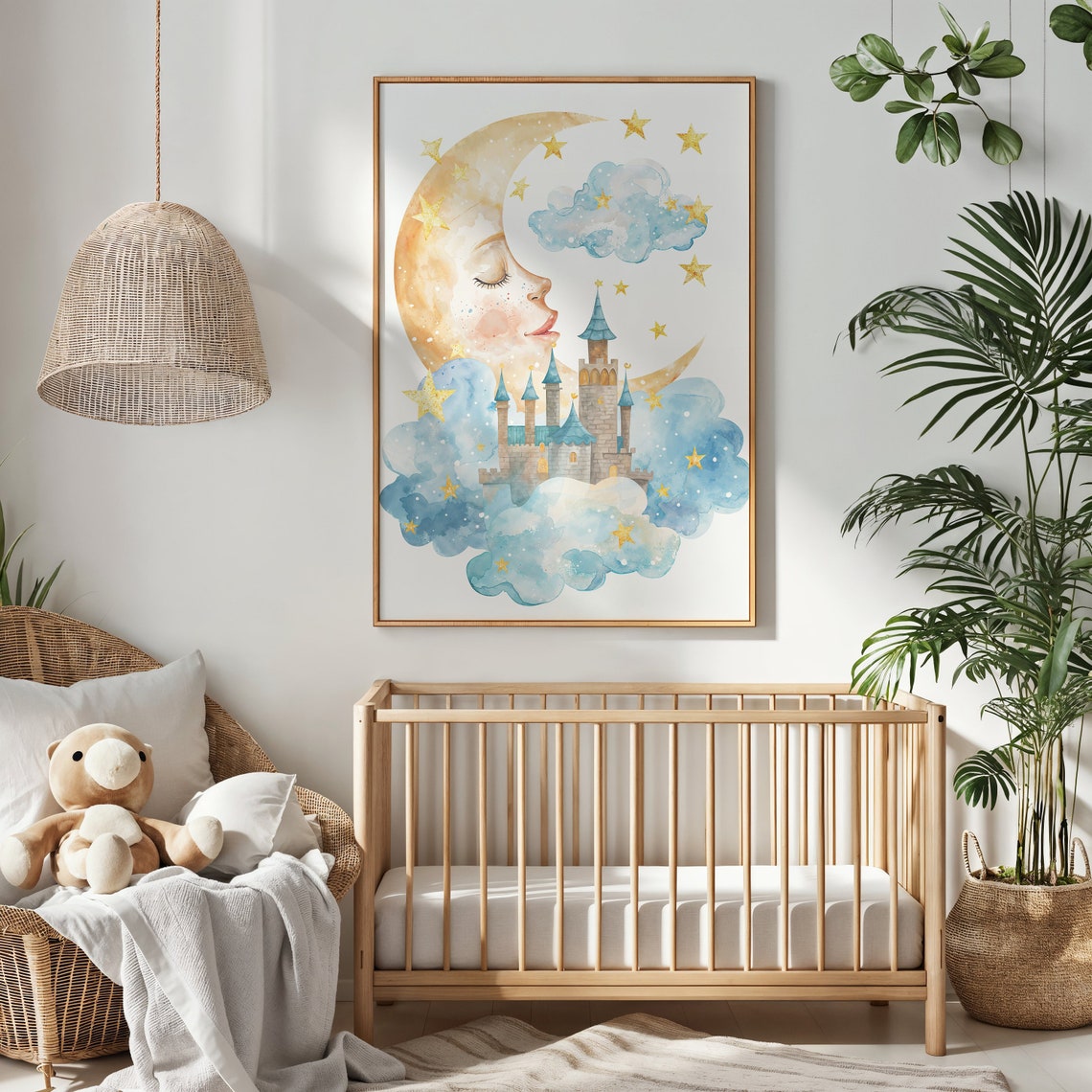 Fairytale Castle Moon Face Night Sky Watercolor Nursery Wall Poster - Image 2