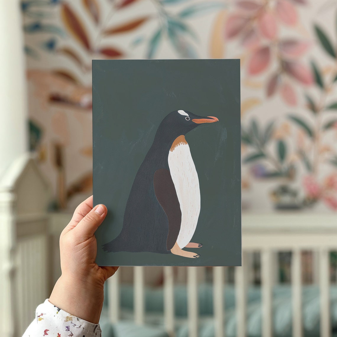 Penguin With Orange Beak On Forest Green Minimalist Nursery Art Poster - Image 2